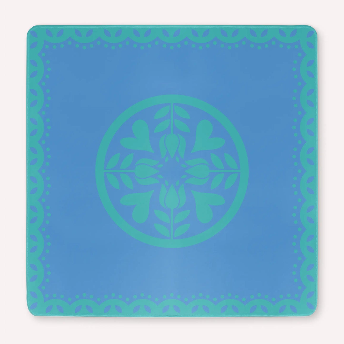 Mockup of the Hearts & Flowers Azure Bloom mahjong mat featuring floral and heart-inspired artwork in calming azure and cyan tones with a clean, refreshing modern design.