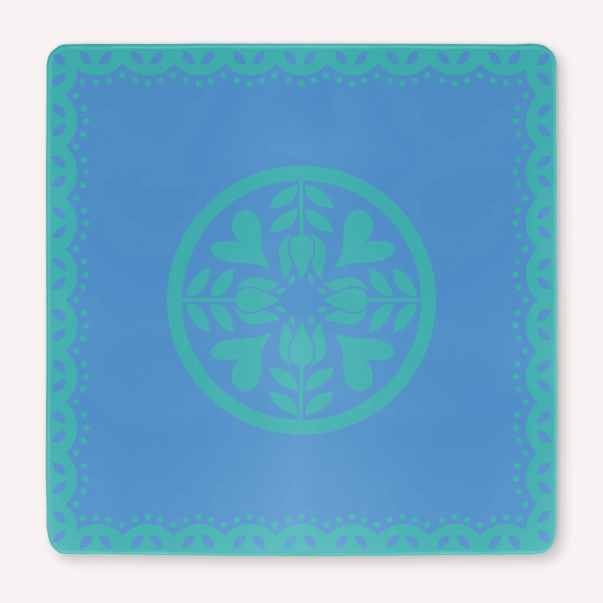 Mockup of the Hearts & Flowers Azure Bloom mahjong mat featuring floral and heart-inspired artwork in calming azure and cyan tones with a clean, refreshing modern design.