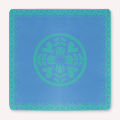Mockup of the Hearts & Flowers Azure Bloom mahjong mat featuring floral and heart-inspired artwork in calming azure and cyan tones with a clean, refreshing modern design.