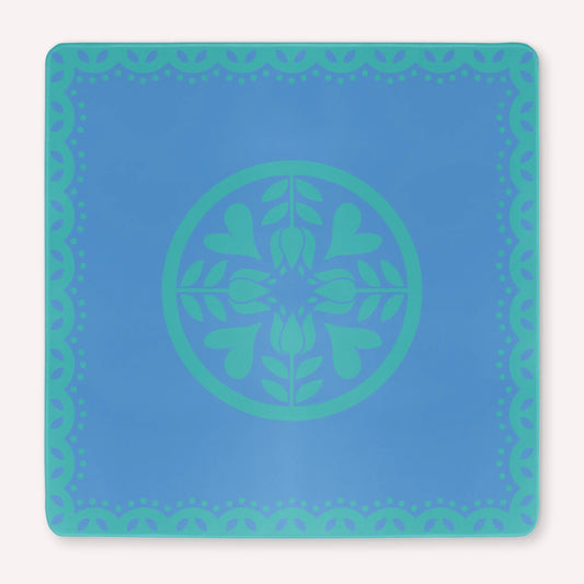Mockup of the Hearts & Flowers Azure Bloom mahjong mat featuring floral and heart-inspired artwork in calming azure and cyan tones with a clean, refreshing modern design.