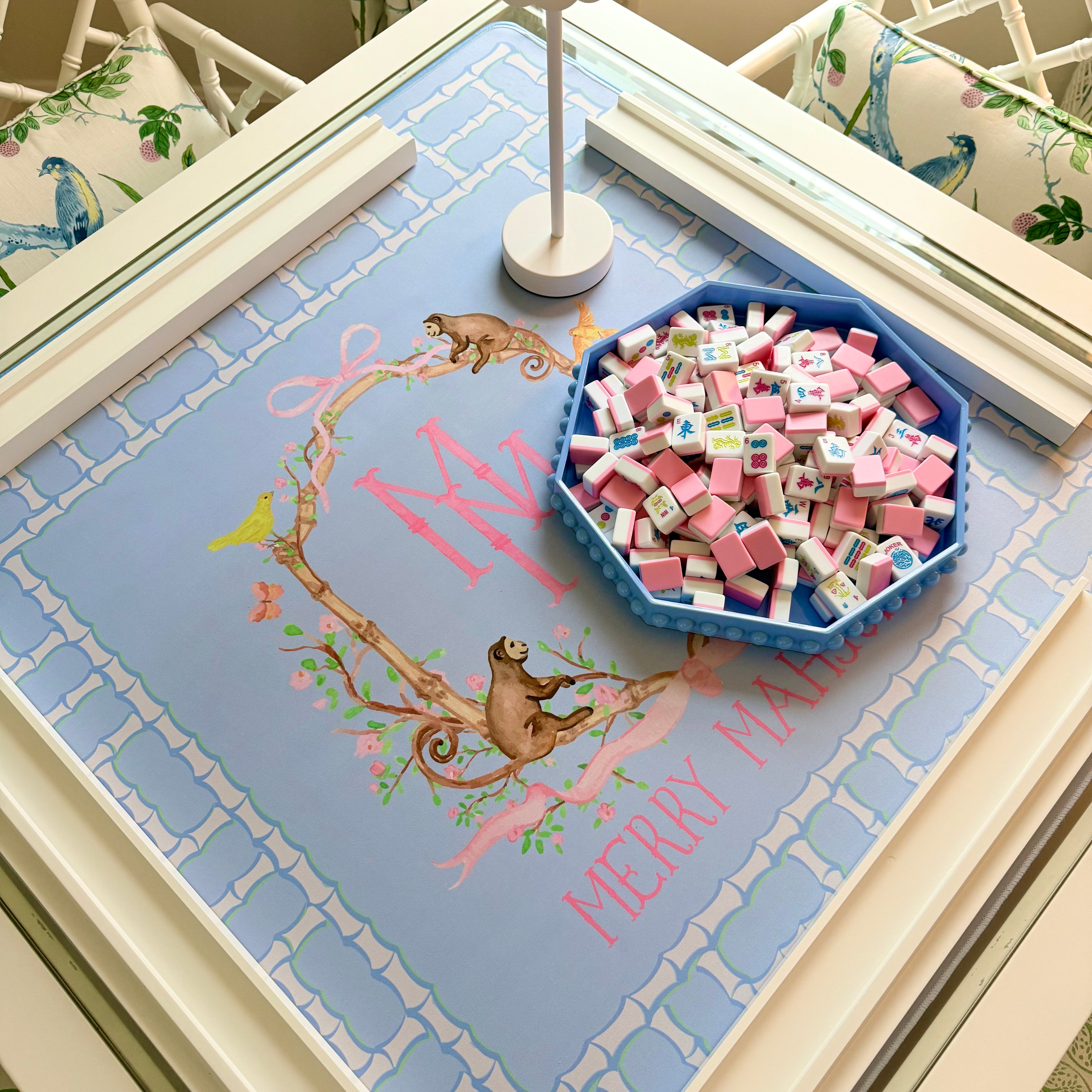 Mahjong Mat Lattice Blue Monkey Logo Mat