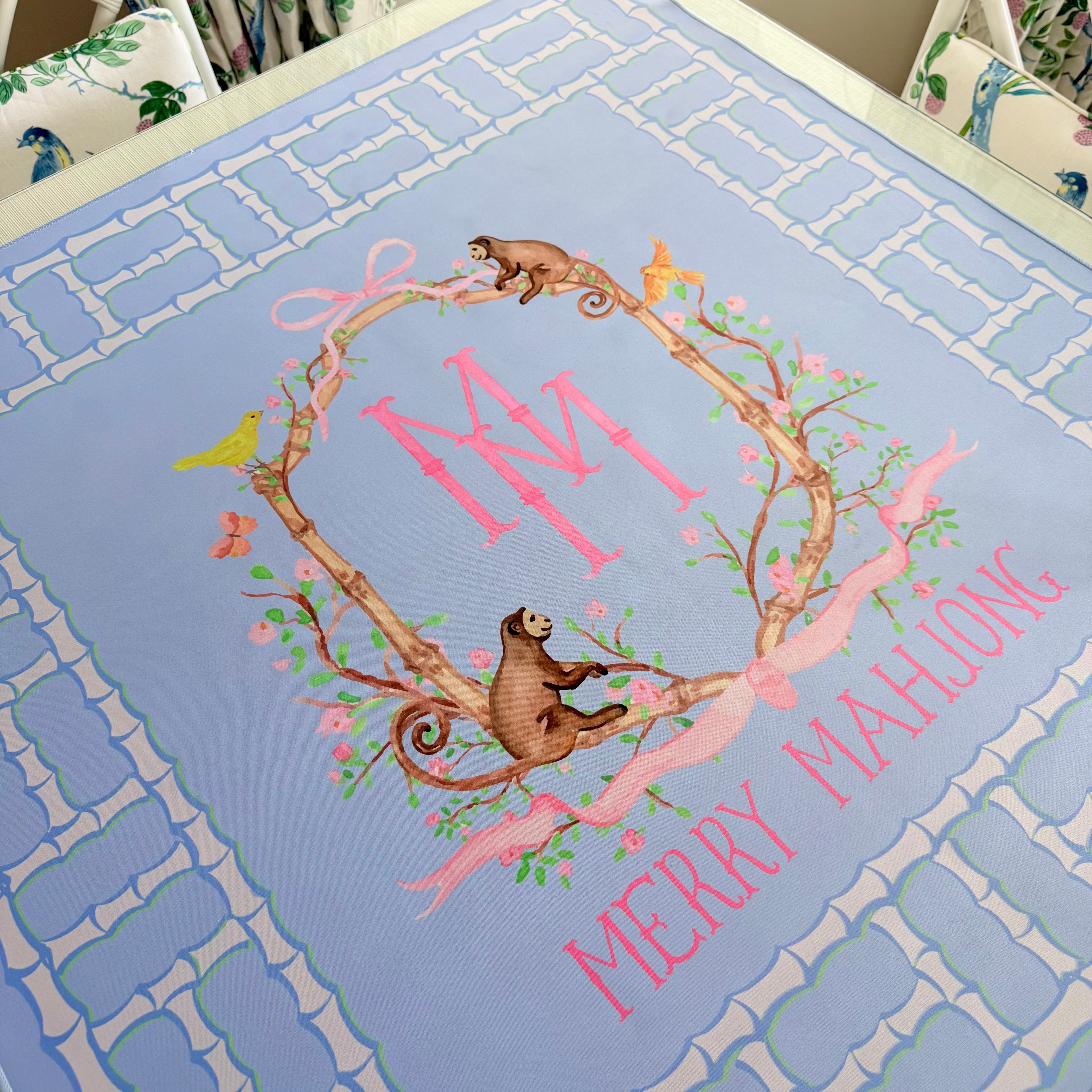 Mahjong Mat Lattice Blue Monkey Logo Mat