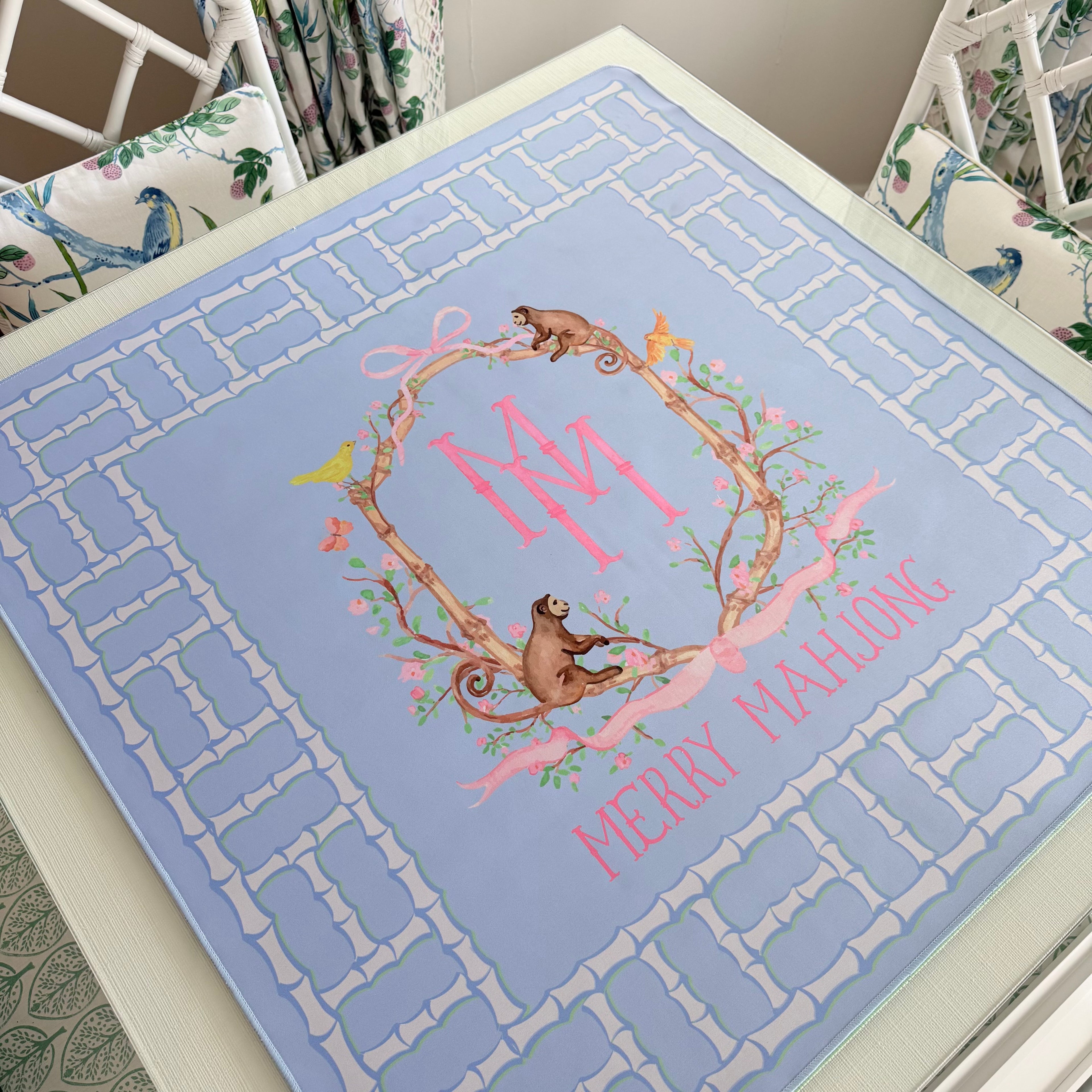 Mahjong Mat Lattice Blue Monkey Logo Mat