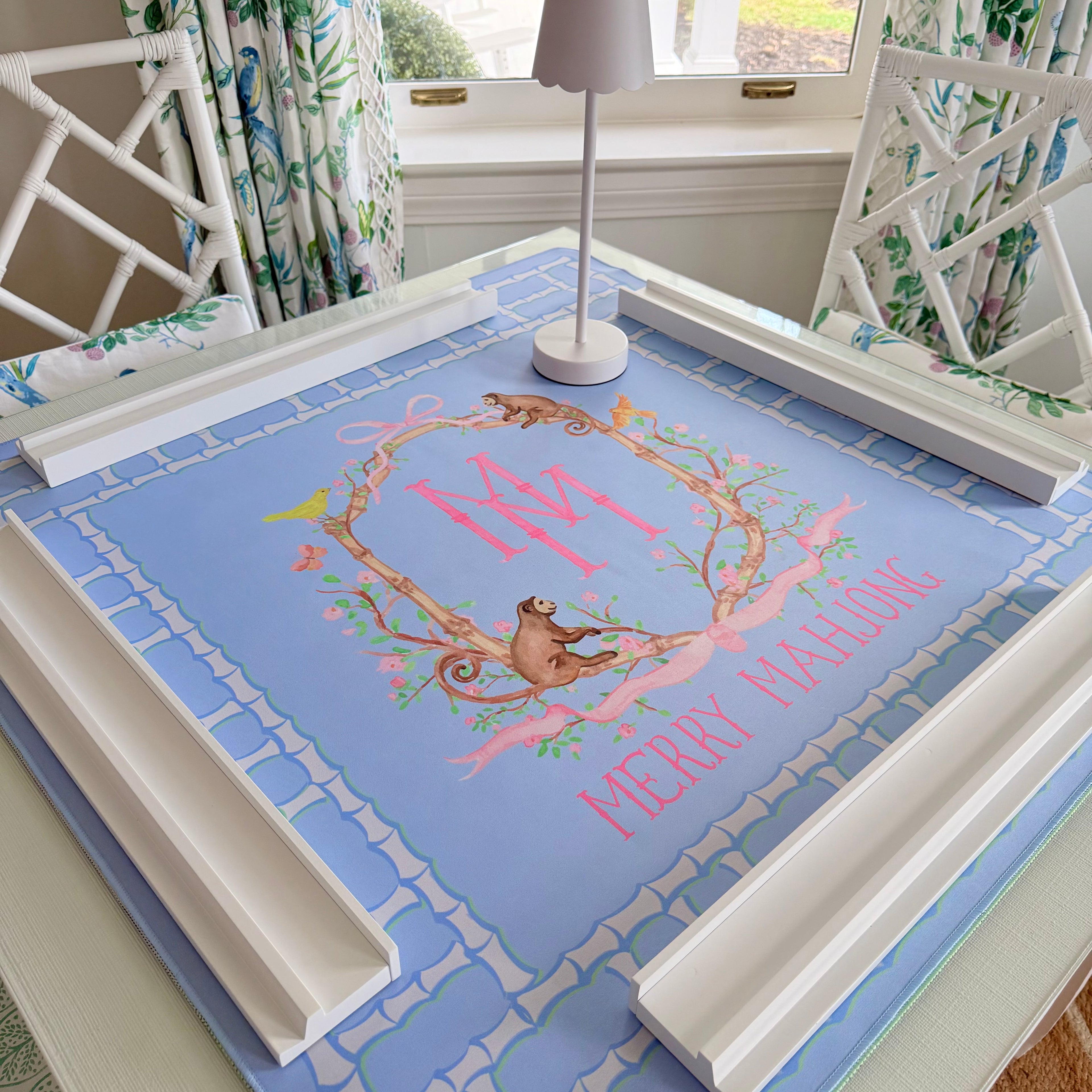 Mahjong Mat Lattice Blue Monkey Logo Mat