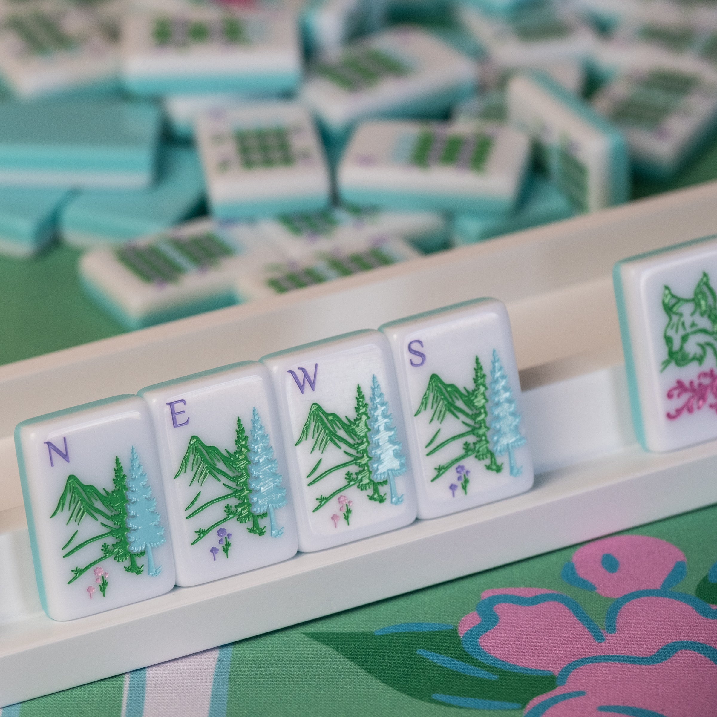 Southern Springs American mahjong tile set showing wind tiles (NEWS) on rack