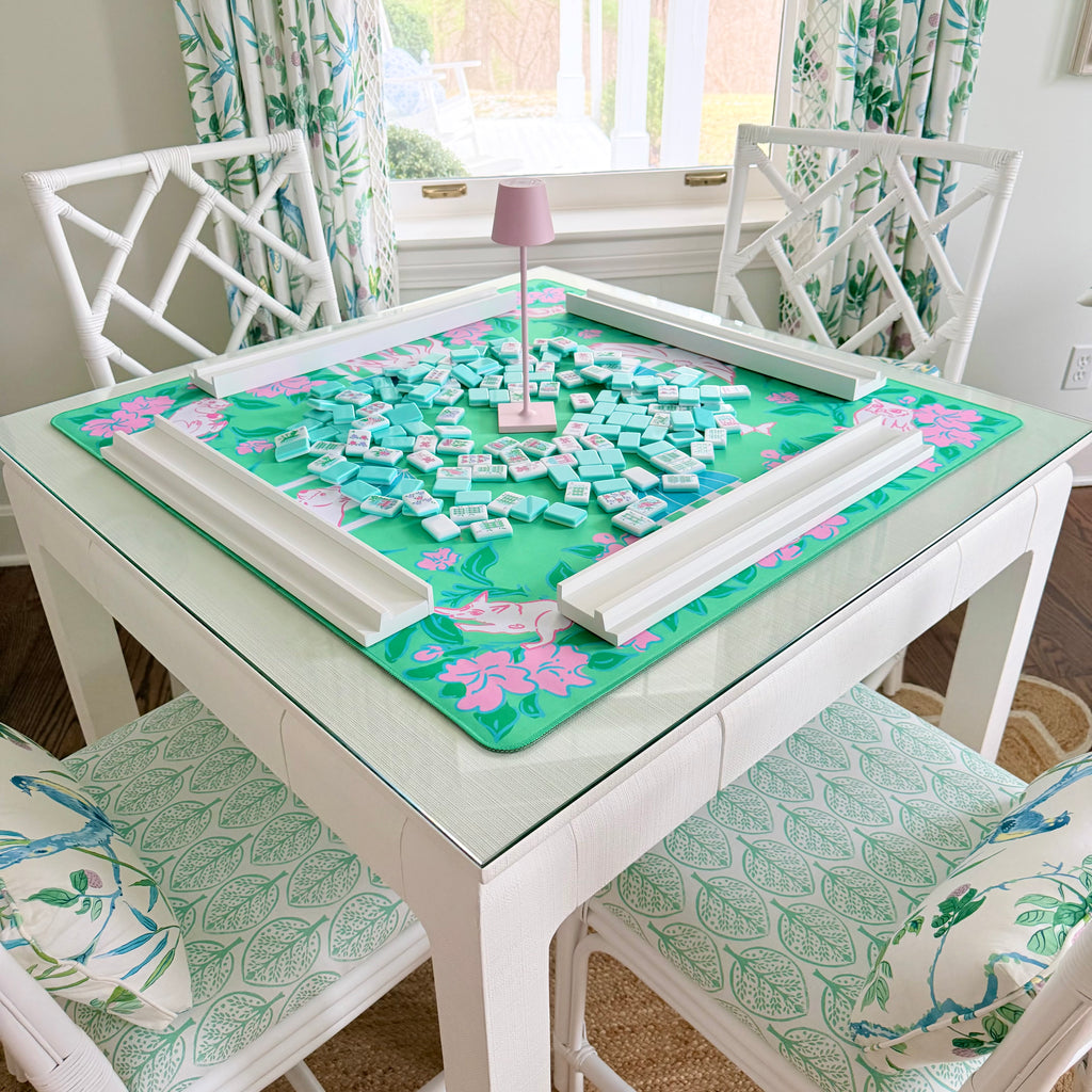 Southern Springs American mahjong tile set on a mahjong mat with white wooden racks
