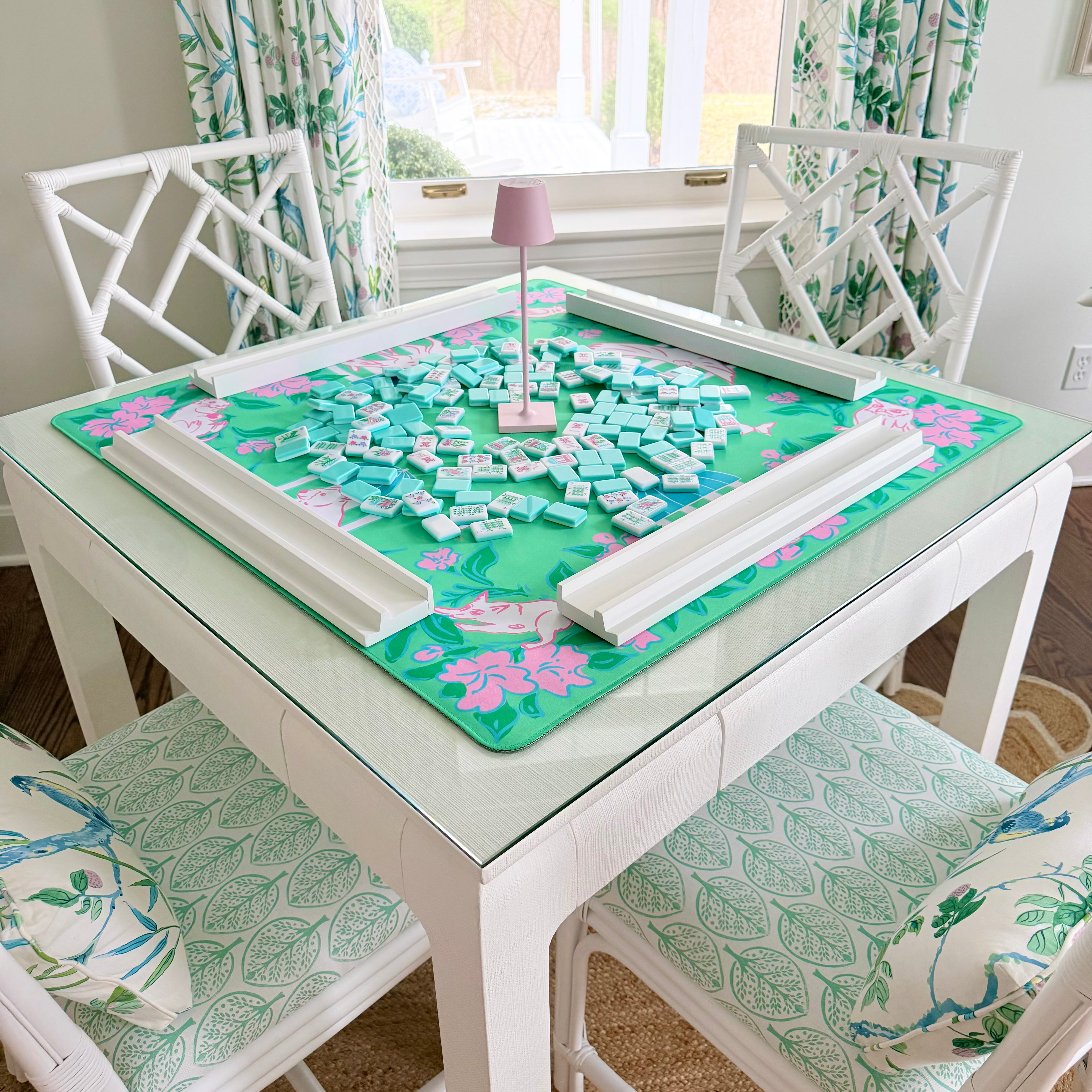 Southern Springs American mahjong tile set on a mahjong mat with white wooden racks