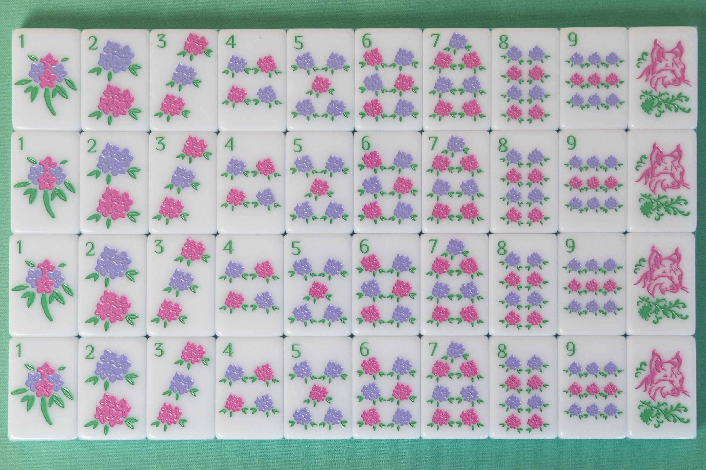 Southern Springs American mahjong tile set showing packaged tile layout with dot tiles and red dragons