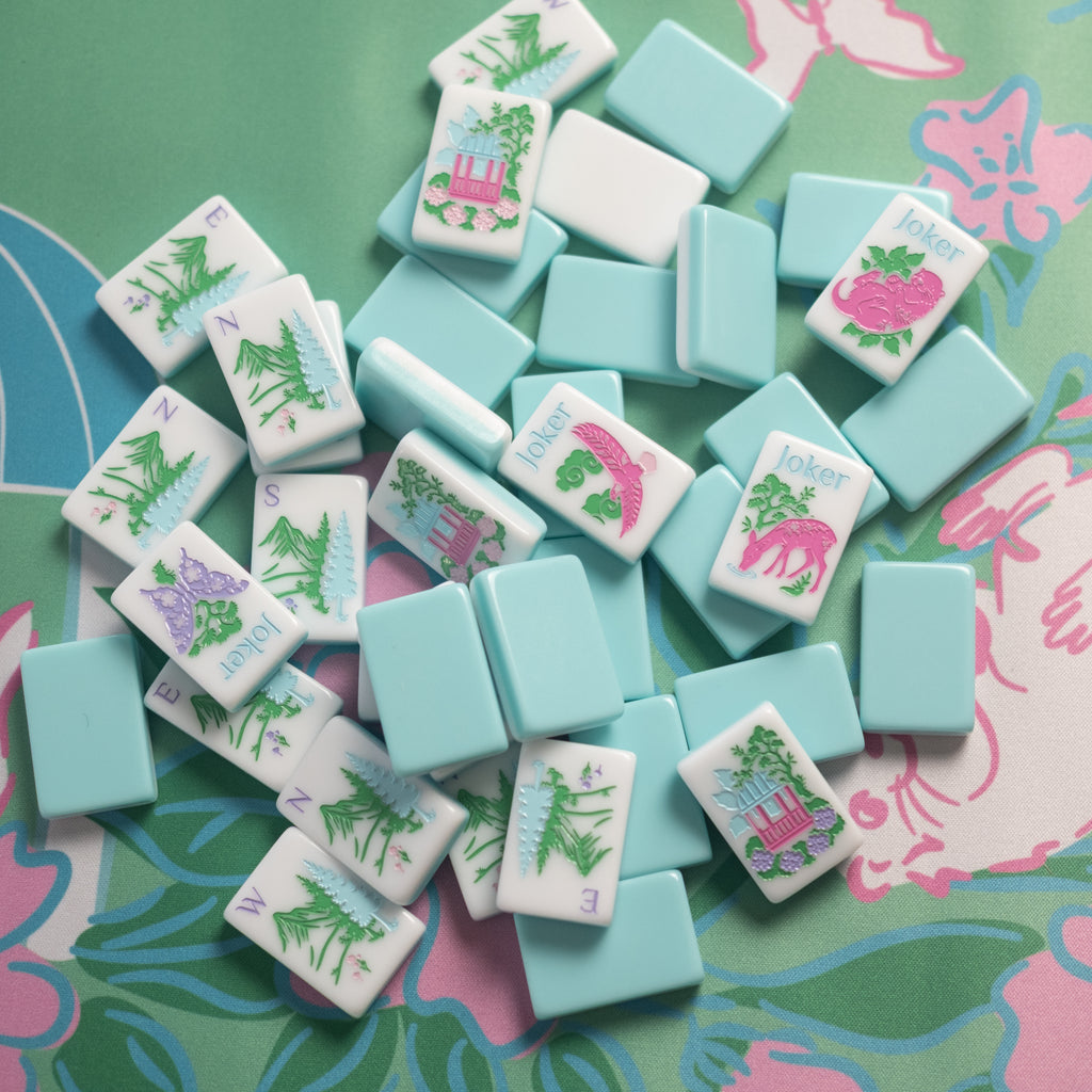 Southern Springs American mahjong tile set showing tile back design with winds (NEWS) and jokers