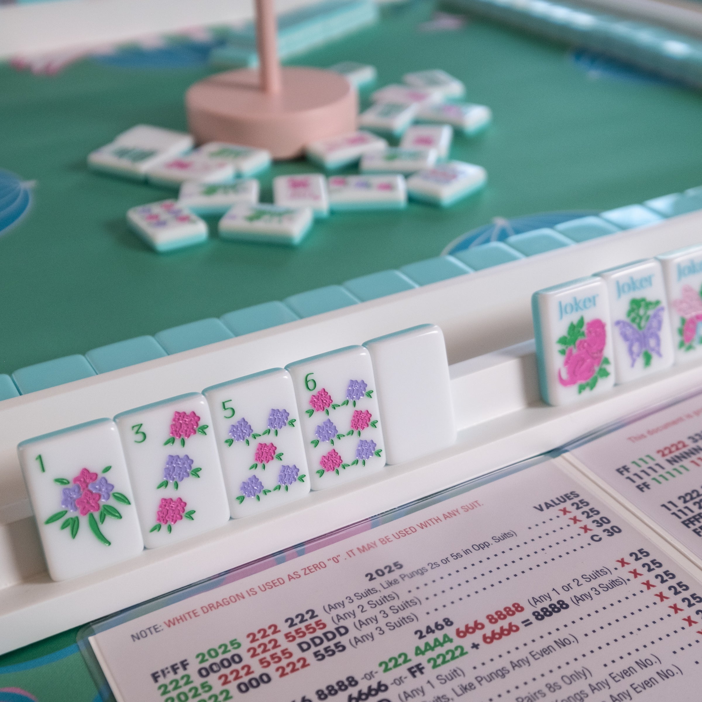 Southern Springs American mahjong tile set arranged on mahjong racks with dots, jokers and blanks.