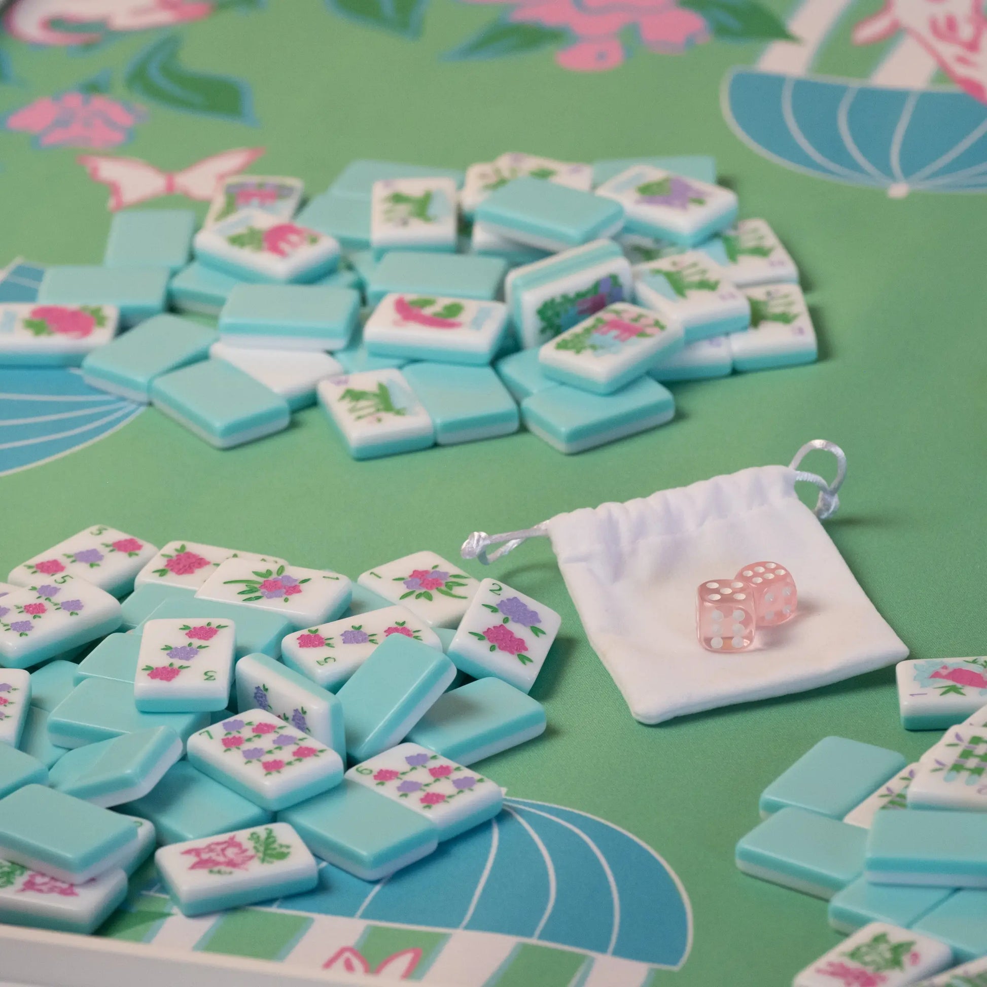 Southern Springs American mahjong tile set shown with dice and dice bag
