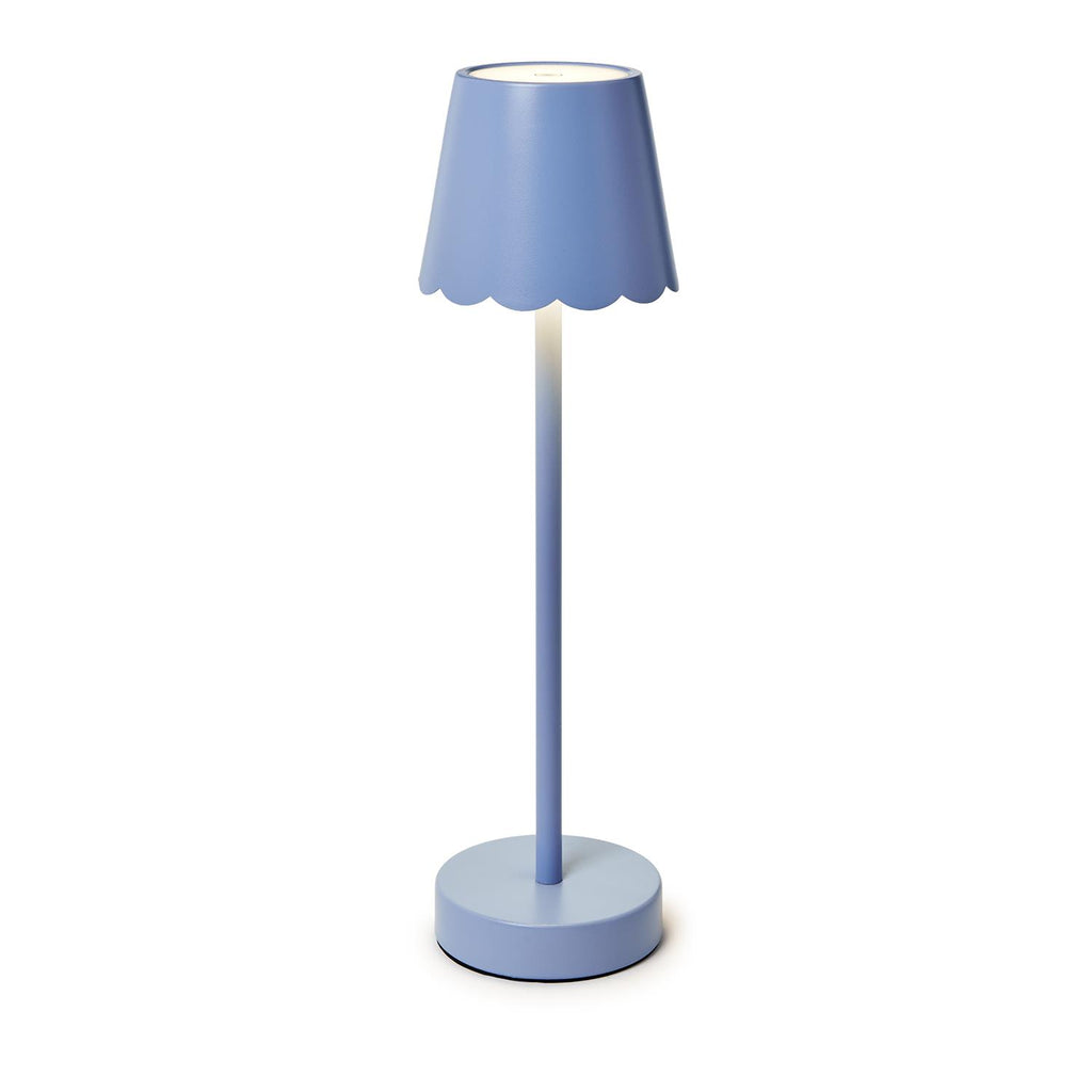 Blue cordless LED table lamp with scalloped shade