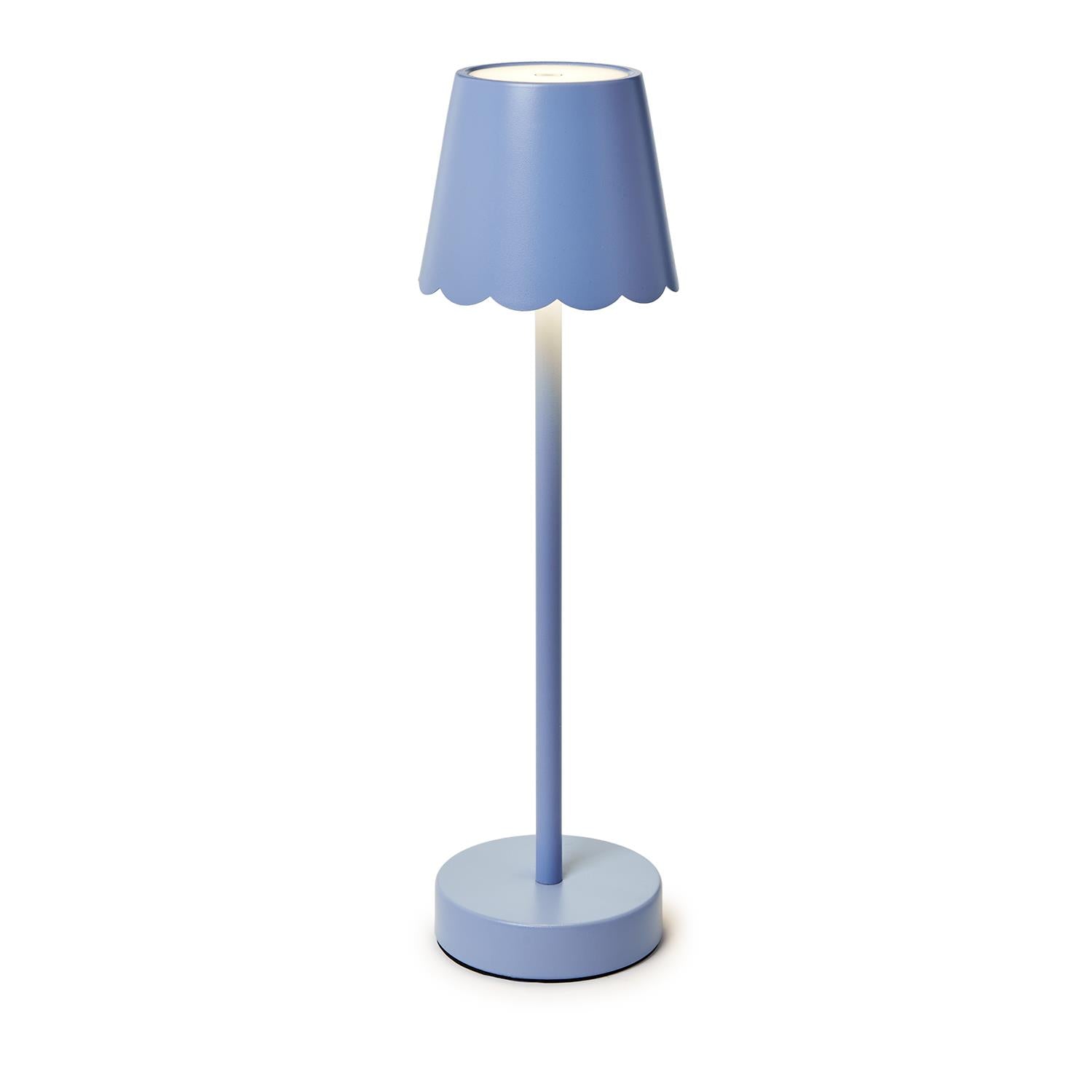 Blue cordless LED table lamp with scalloped shade