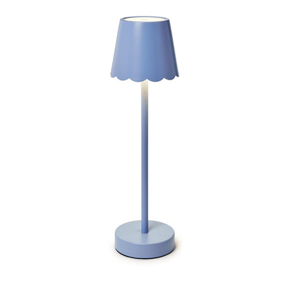 Blue cordless LED table lamp with scalloped shade