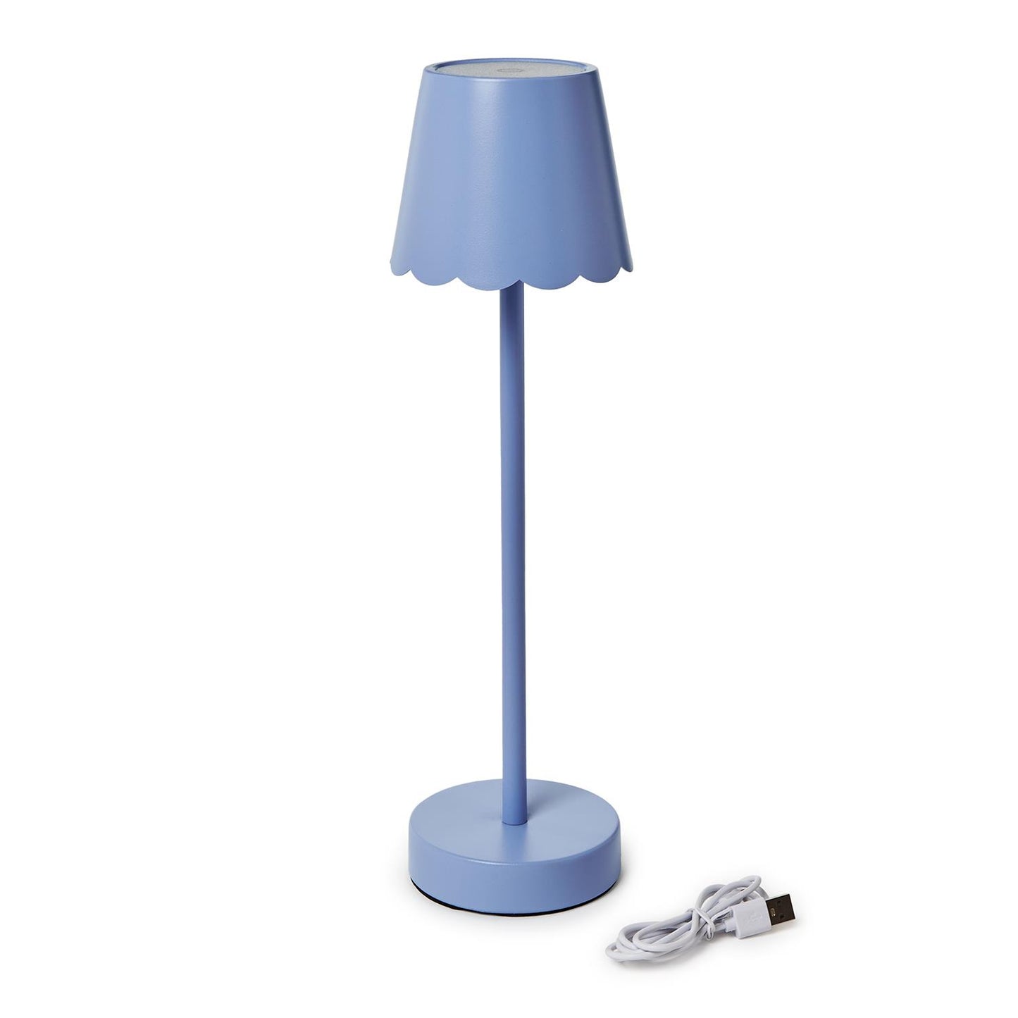 Blue cordless LED table lamp with USB charging cable