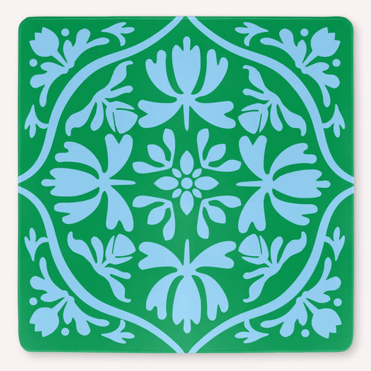 Tulip Terrace Emerald Mist Mahjong mat mockup featuring powder blue tulips on a vivid green background.