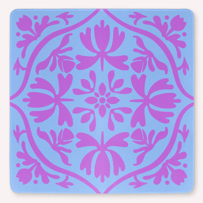 Tulip Terrace Lavender Ice Mahjong mat mockup featuring pastel lavender tulips on an ice blue background.