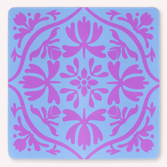 Tulip Terrace Lavender Ice Mahjong mat mockup featuring pastel lavender tulips on an ice blue background.