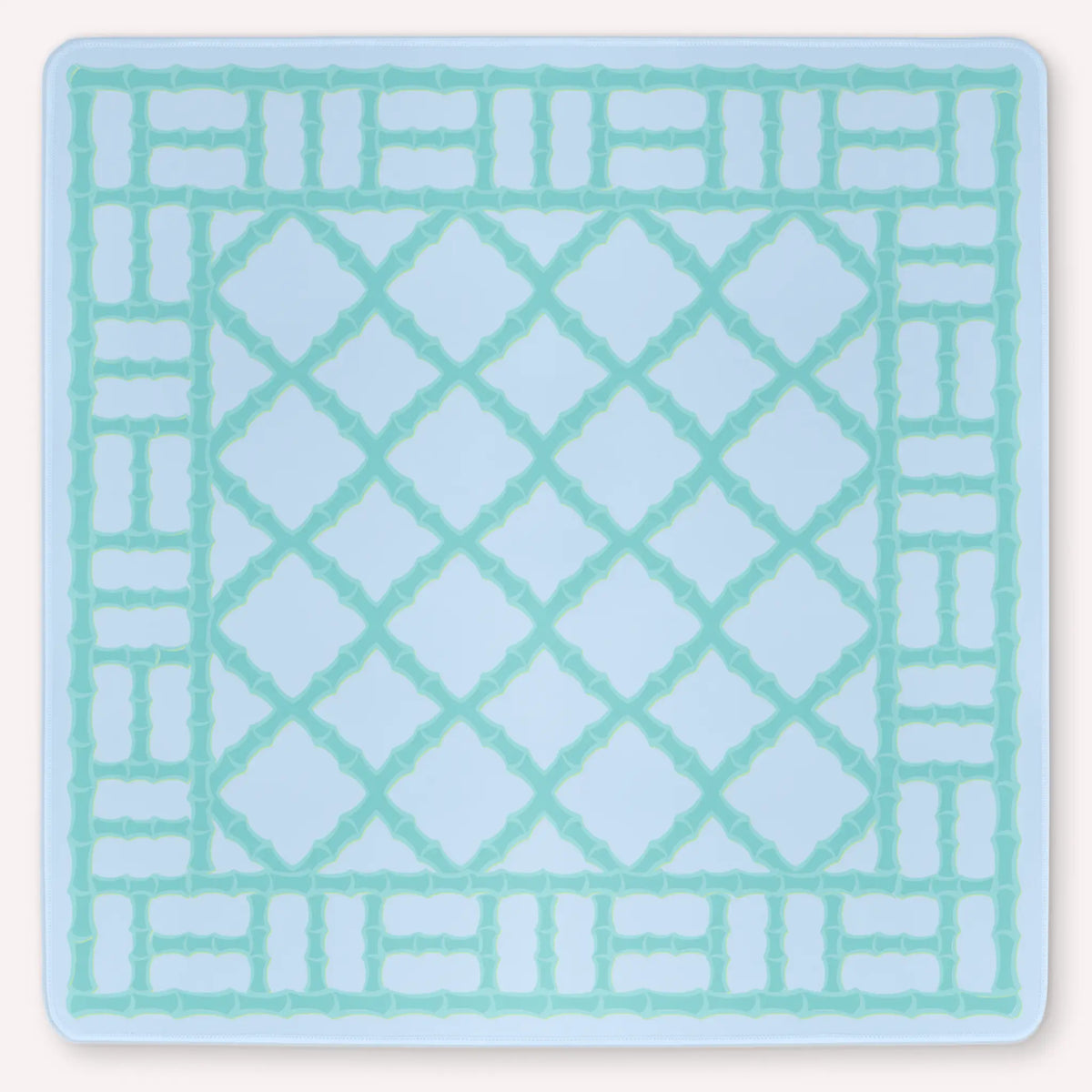 Bamboo Pavilion Ocean Breeze Mahjong mat mockup featuring a cyan bamboo lattice pattern on a light azure background.