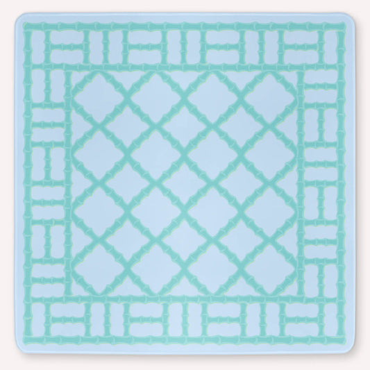 Bamboo Pavilion Ocean Breeze Mahjong mat mockup featuring a cyan bamboo lattice pattern on a light azure background.