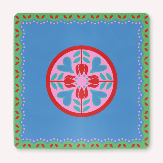 Mockup of a luxury Hearts & Flowers mahjong mat featuring a festive palette of vivid azure, gray green, red, and pink tones with a bright, cheerful floral and holiday-inspired design.