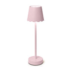 Pink cordless LED table lamp with scalloped shade