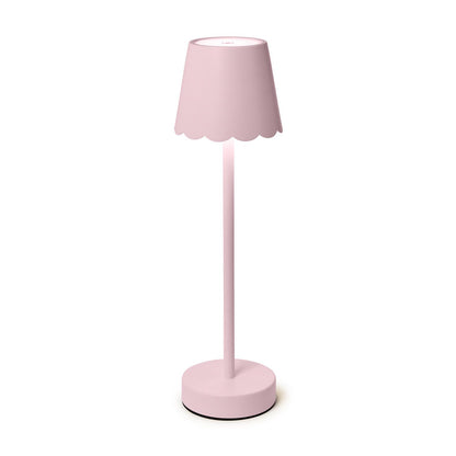 Pink cordless LED table lamp with scalloped shade