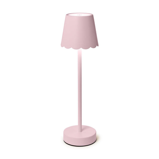 Pink cordless LED table lamp with scalloped shade