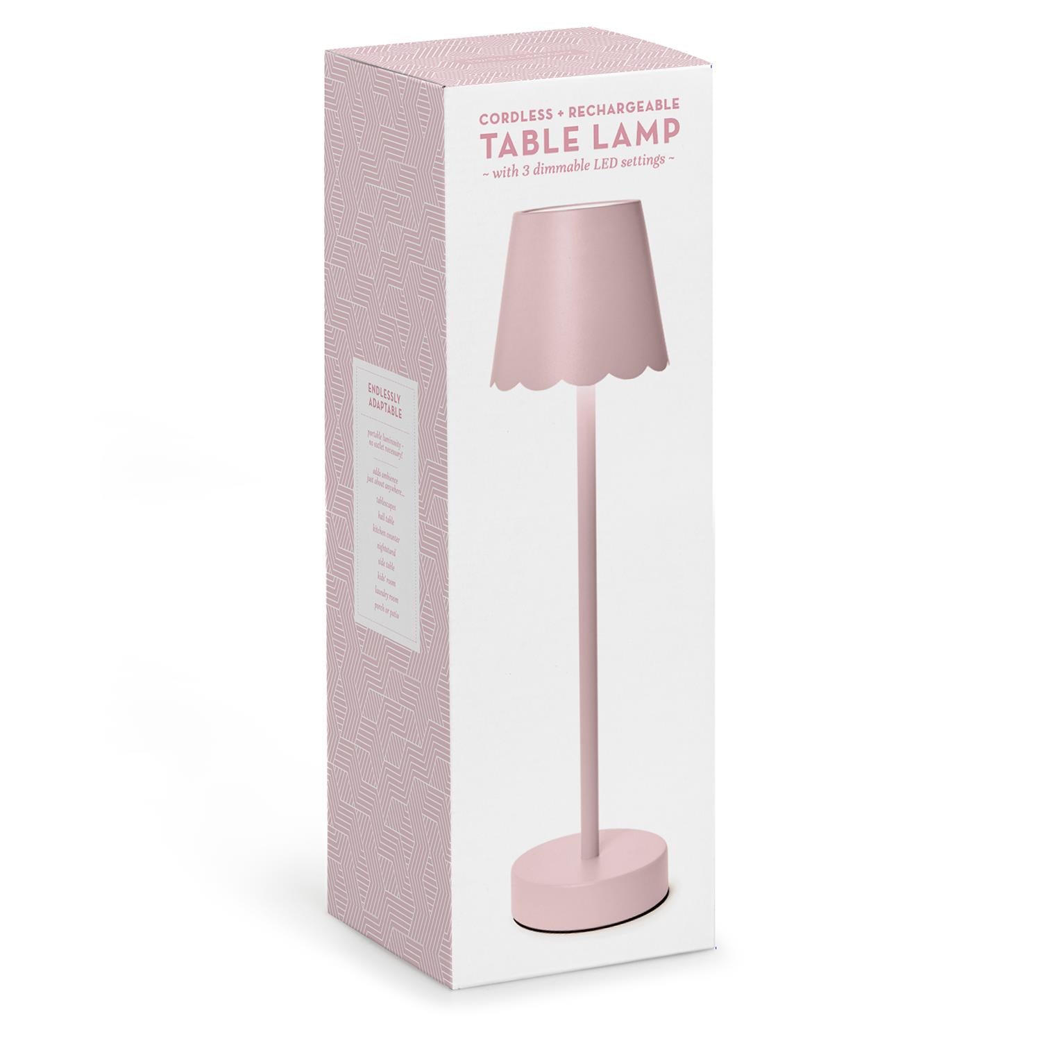 Pink cordless LED table lamp in retail packaging box