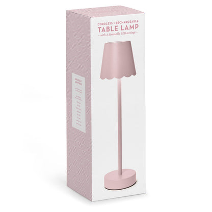 Pink cordless LED table lamp in retail packaging box