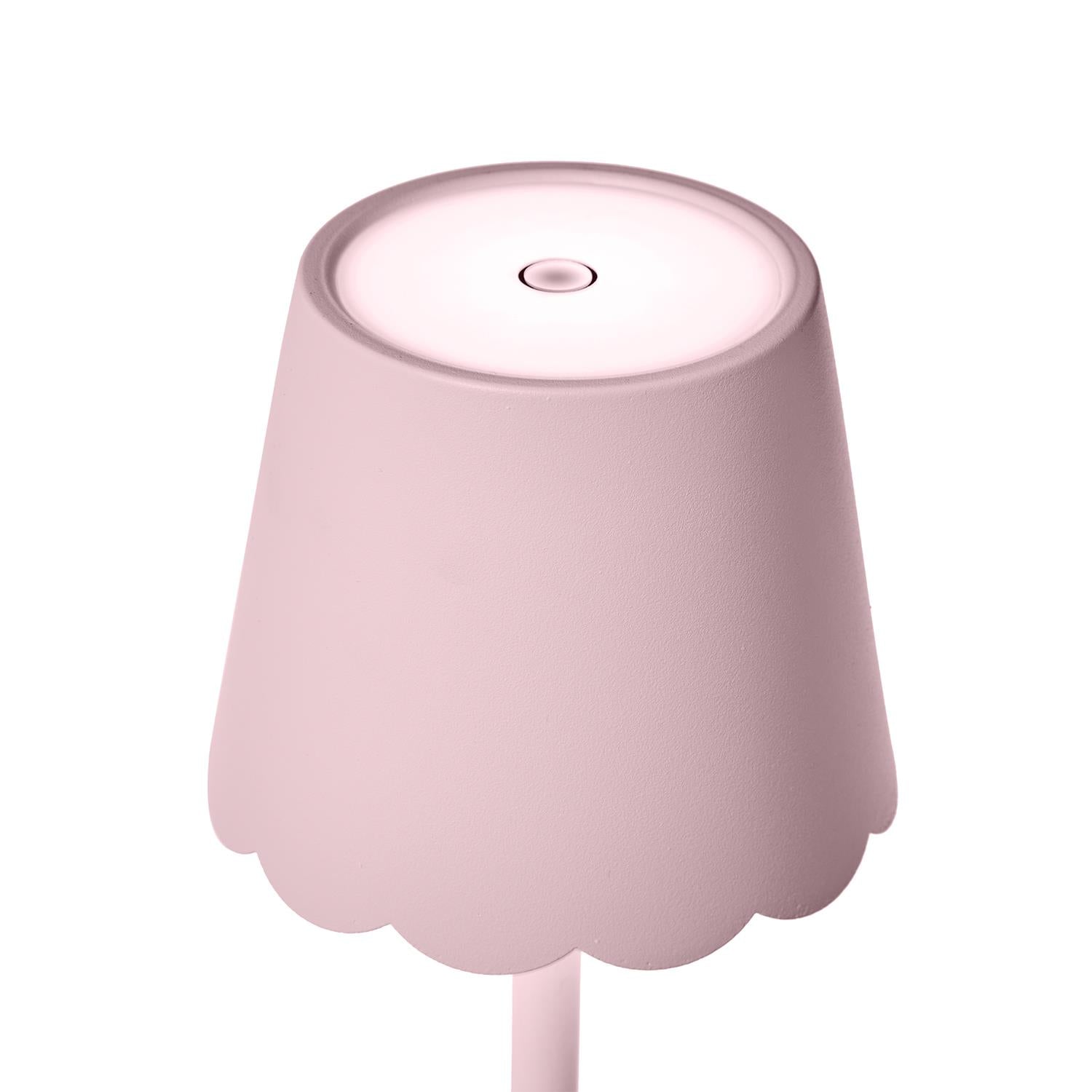 Close-up of scalloped shade on pink LED table lamp