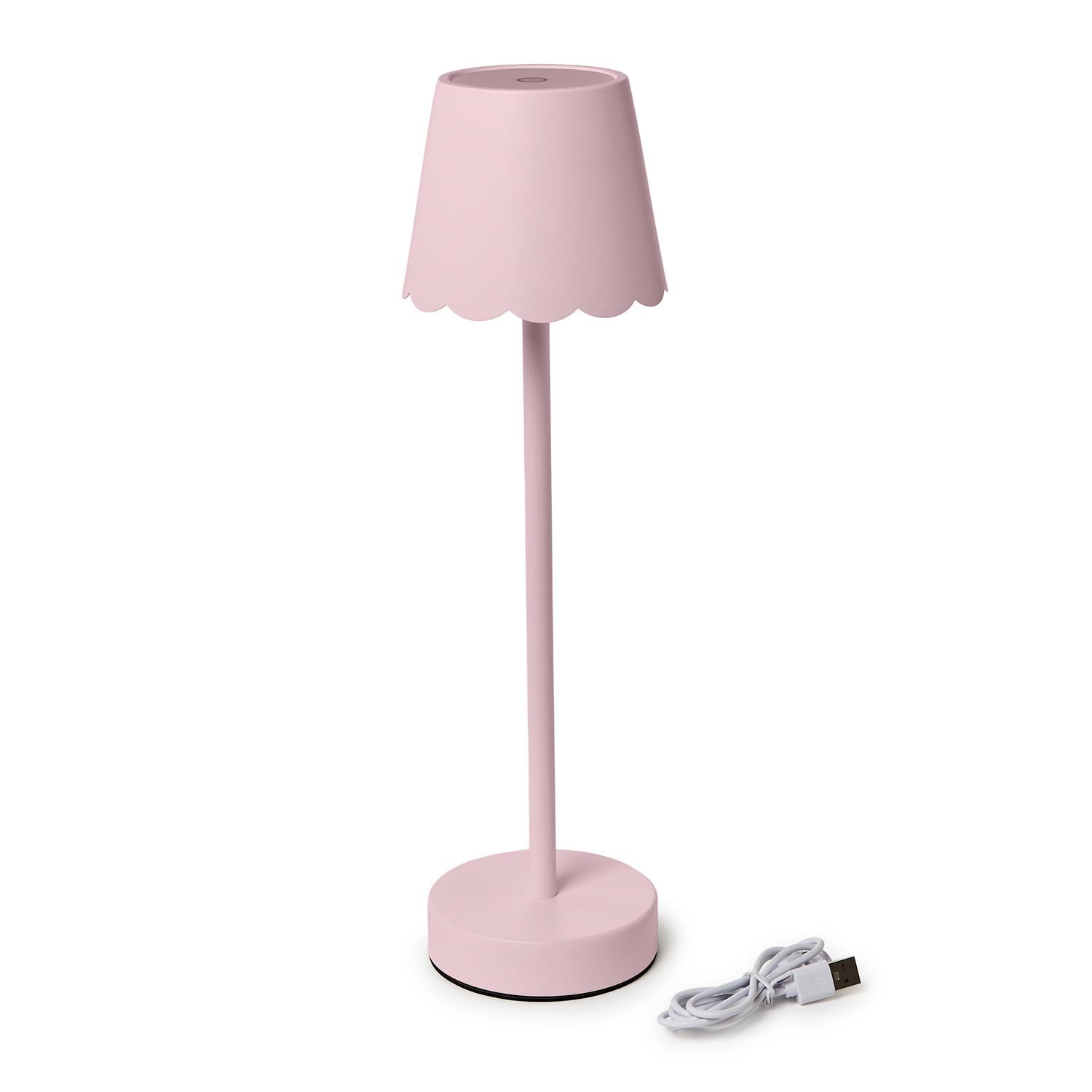 Pink cordless LED table lamp with USB charging cable