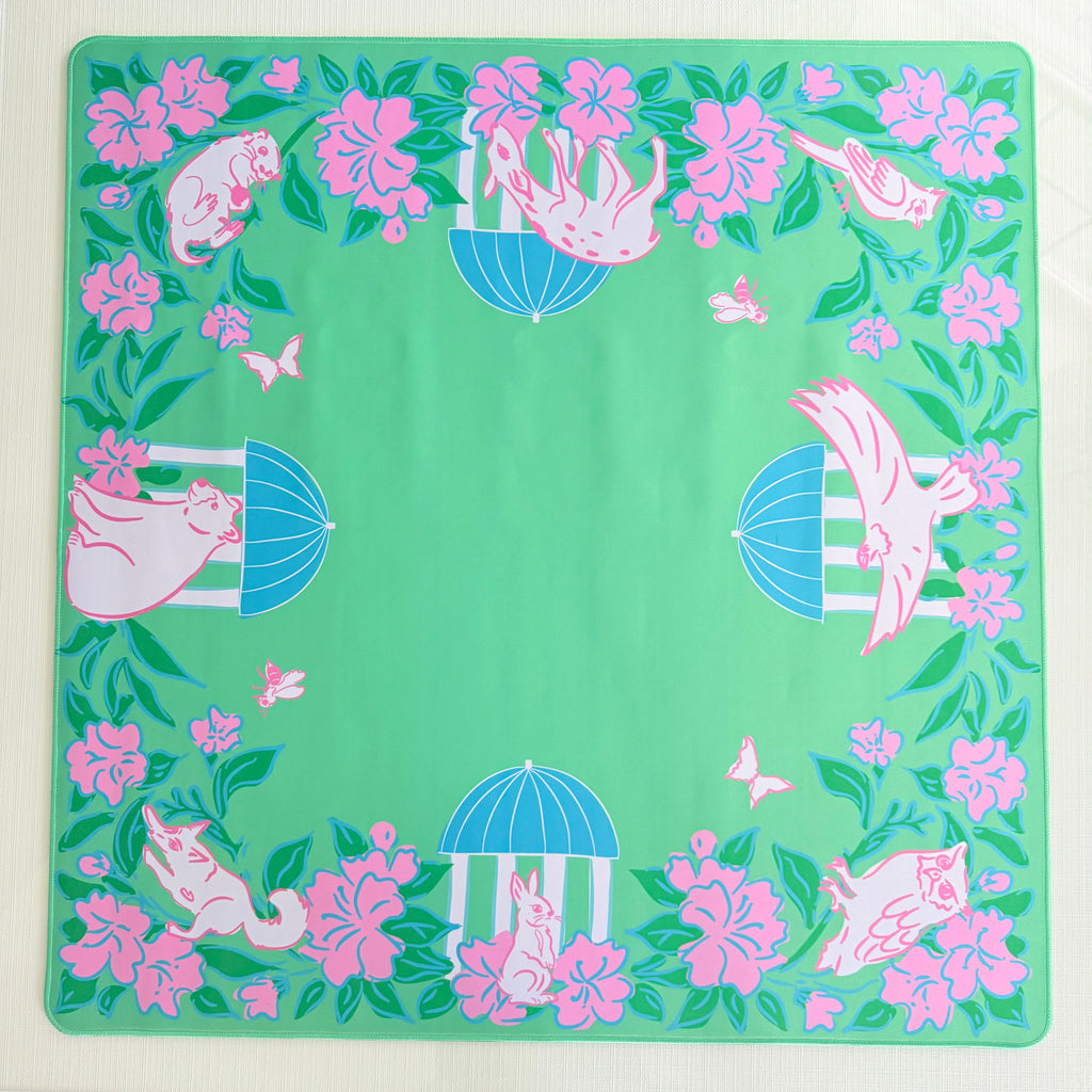 Southern Springs mahjong mat with Appalachian-inspired animals, gazebos, and floral design