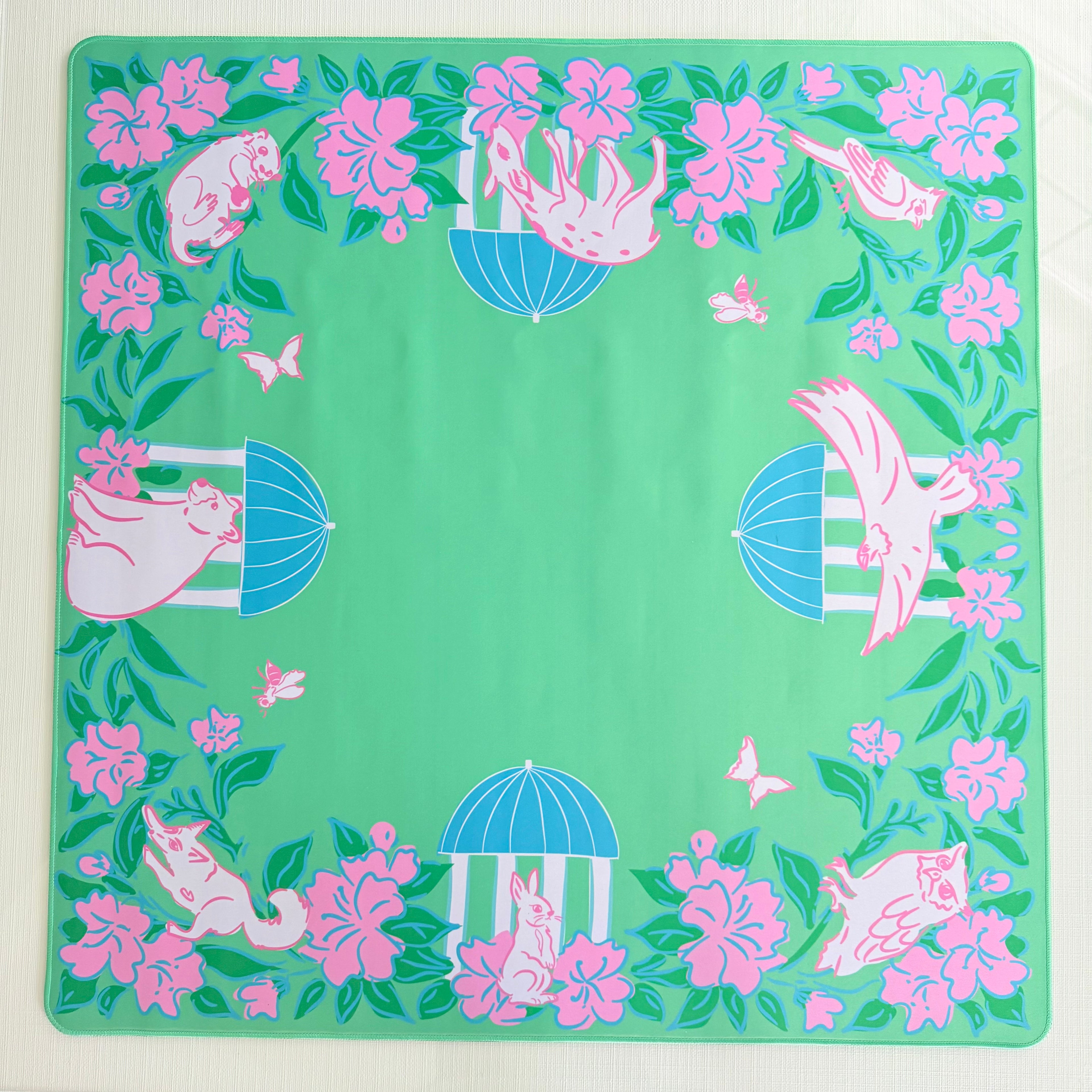 Southern Springs mahjong mat with Appalachian-inspired animals, gazebos, and floral design
