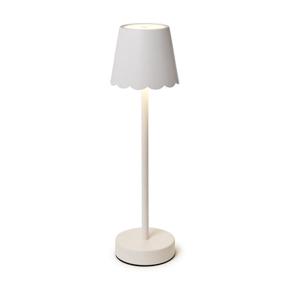White cordless LED table lamp with scalloped shade