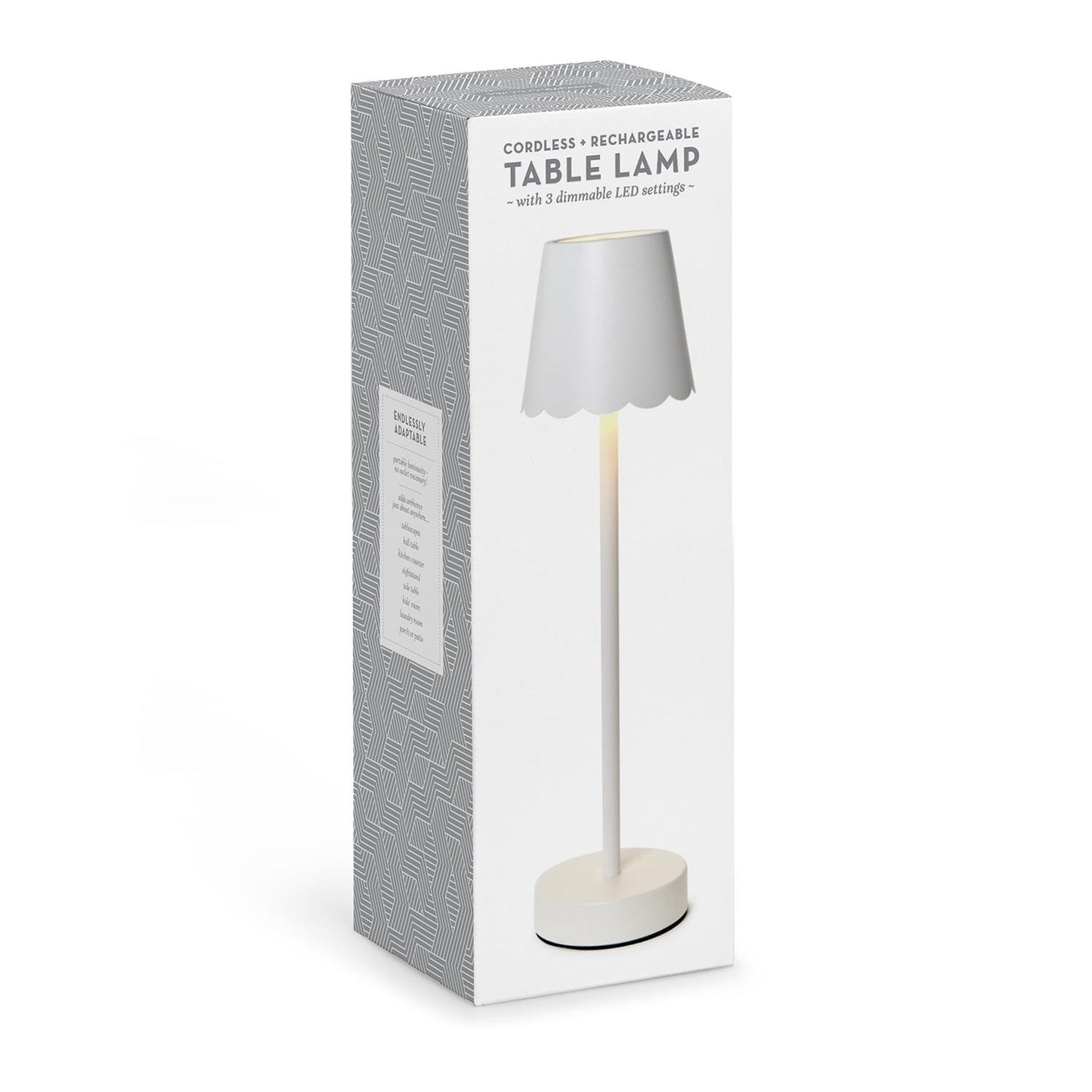 White cordless LED table lamp in retail packaging box