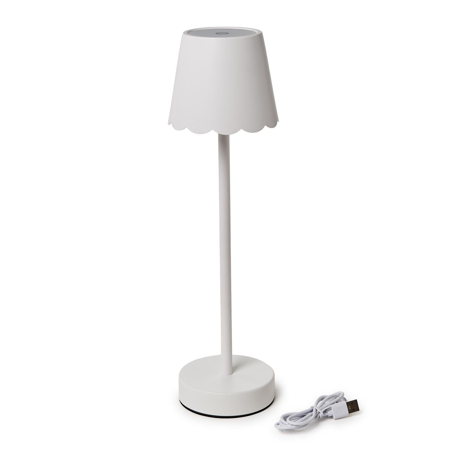 White cordless LED table lamp with USB charging cable