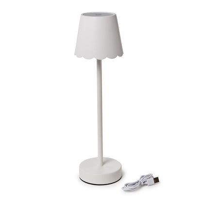 White cordless LED table lamp with USB charging cable